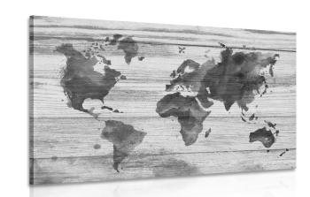 Obraz kontur czarno-białej mapy na drewnianym tle - 90x60