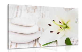 Obraz lilia i kamienie do masażu w kolorze białym
