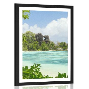 Plakat z passe-partout piękna plaża na wyspie La Digue