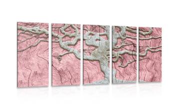 5-częściowy obraz abstrakcyjne drzewo na drewnie z różowym tłem