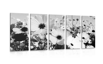 5-częściowy obraz łąka wiosennych kwiatów w wersji czarno-białej - 100x50