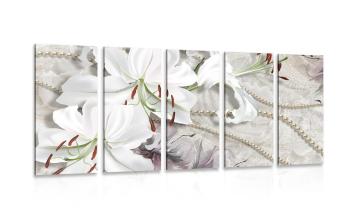 5-częściowy obraz biała lilia z perłami - 200x100