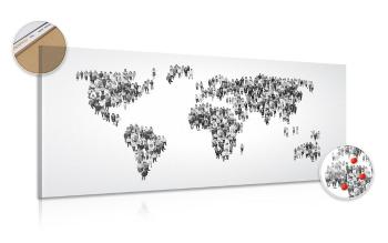 Obraz na korku mapa świata składająca się z ludzi w wersji czarno-białej - 100x50  color mix