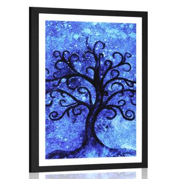 Plakat z passe-partout drzewo życia na niebieskim tle - 60x90 black