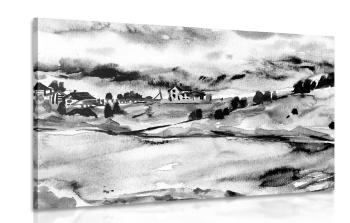 Obraz wieś nad rzeką w wersji czarno-białej