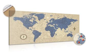 Obraz na korku mapa świata z kompasem w stylu retro - 120x60  color mix