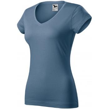 T-shirt damski slim fit z dekoltem w szpic, denim, XL