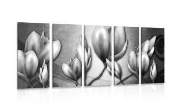 5-częściowy obraz kwiaty w stylu etno w wersji czarno-białej - 200x100