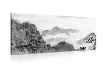 Obraz chiński krajobraz we mgle w wersji czarno-białej