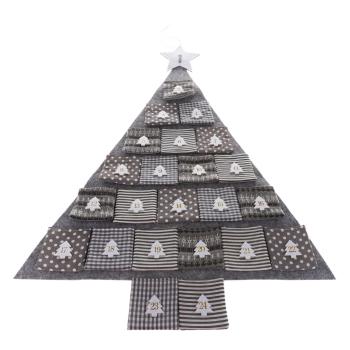 Szary materiałowy kalendarz adwentowy w kształcie choinki, dł. 78 cm