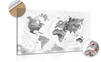 Obraz na korku czarno-biała akwarelowa mapa świata - 90x60  metallic