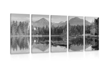 5-częściowy obraz piękna panorama gór nad jeziorem w wersji czarno-białej - 200x100