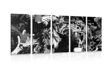 5-częściowy obraz głowa lwa w wersji czarno-białej - 200x100
