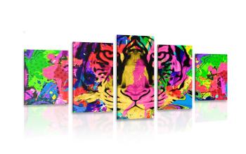 5-częściowy obraz kolorowa głowa tygrysa - 100x50