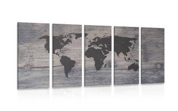 5-częściowy obraz mapa świata na ciemnym drewnie