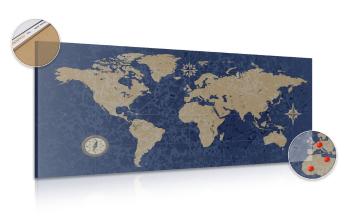 Obraz na korku mapa świata z kompasem w stylu retro na niebieskim tle - 120x60  transparent