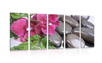 5-częściowy obraz kwitnąca orchidea i kamienie wellness - 100x50