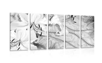 5-częściowy obraz czarno-biała lilia z perełkami - 100x50