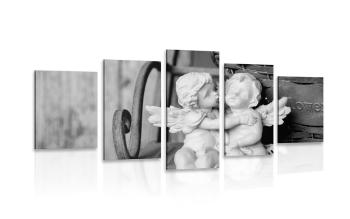 5-częściowy obraz figurki aniołków na ławce w wersji czarno-białej - 100x50