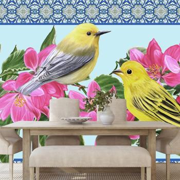 Samoprzylepna Tapety ptaki i kwiaty w stylu vintage - 225x150