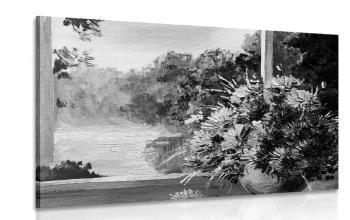 Obraz wiosenny bukiet przy oknie w wersji czarno-białej