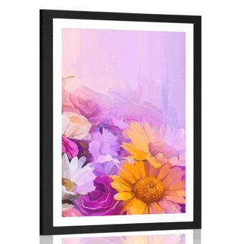 Plakat z passe-partout  obraz olejny kolorowych kwiatów - 60x90 silver