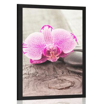 Plakat z passe-partout orchidea i kamienie Zen na drewnianym tle - 60x90 silver