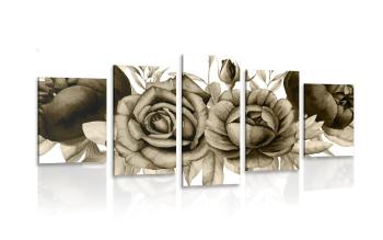 5-częściowy obraz urocze połączenie kwiatów i liści w kolorze sepii - 200x100