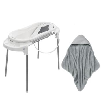 Rotho Babydesign Wanienka ze stojakiem TOP Xtra biały + ręcznik z kapturem szary