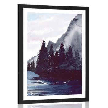 Plakat z passe-partout zimowy krajobraz kreskówkowy - 60x90 black