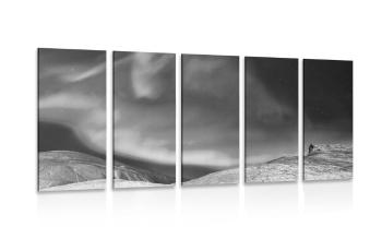 5-częściowy obraz zorza polarna na niebie w wersji czarno-białej - 200x100