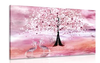 Obraz czaple pod magicznym drzewem w kolorze różowym - 60x40