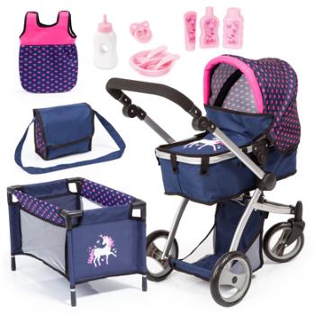 bayer Design Kombi wózek dla lalek Mega Set, niebieski z serduszkami i jednorożcem