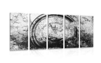 5-częściowy obraz antyczny zegar w wersji czarno-białej - 200x100