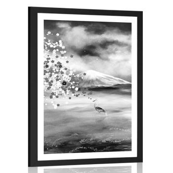 Plakat z passe-partout czaple pod magicznym drzewem w czerni i bieli - 60x90 silver