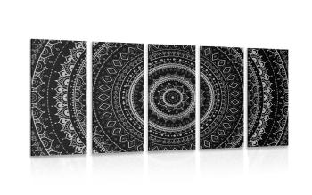 5-częściowy obraz Mandala z wzorem słońca w wersji czarno-białej