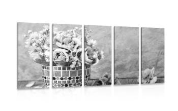 5-częściowy obraz kwiaty goździka w doniczce mozaikowej w wersji czarno-białej