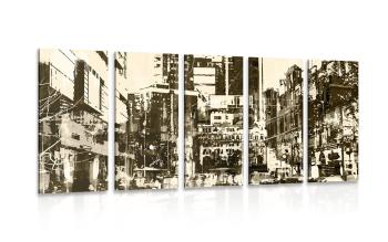 5-częściowy obraz abstrakcyjna panorama miasta w sepii - 200x100
