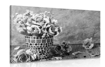Obraz kwiaty goździka w doniczce mozaikowej w wersji czarno-białej - 60x40