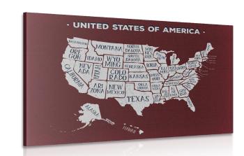 Obraz mapa edukacyjna USA z bordowym tłem - 90x60