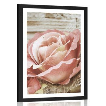 Plakat z passe-partout elegancka róża w stylu vintage - 60x90 silver