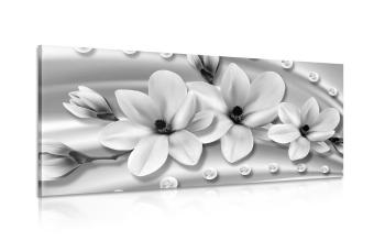 Obraz luksusowa magnolia z perłami w wersji czarno-białej - 120x60