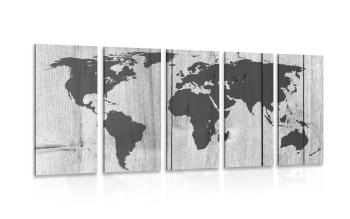 5-częściowy obraz czarno-biała mapa na drewnianym tle - 200x100