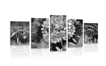 5-częściowy obraz przepiękne kwiaty w czarnobiałym kolorze - 100x50