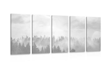 5-częściowy obraz mgła nad lasem w wersji czarno-białej