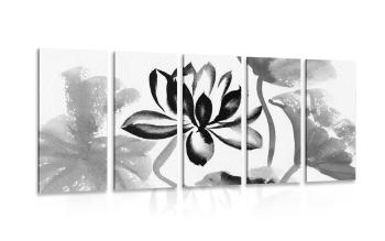 5-częściowy obraz akwarelowy kwiat lotosu w czarnobiałym kolorze